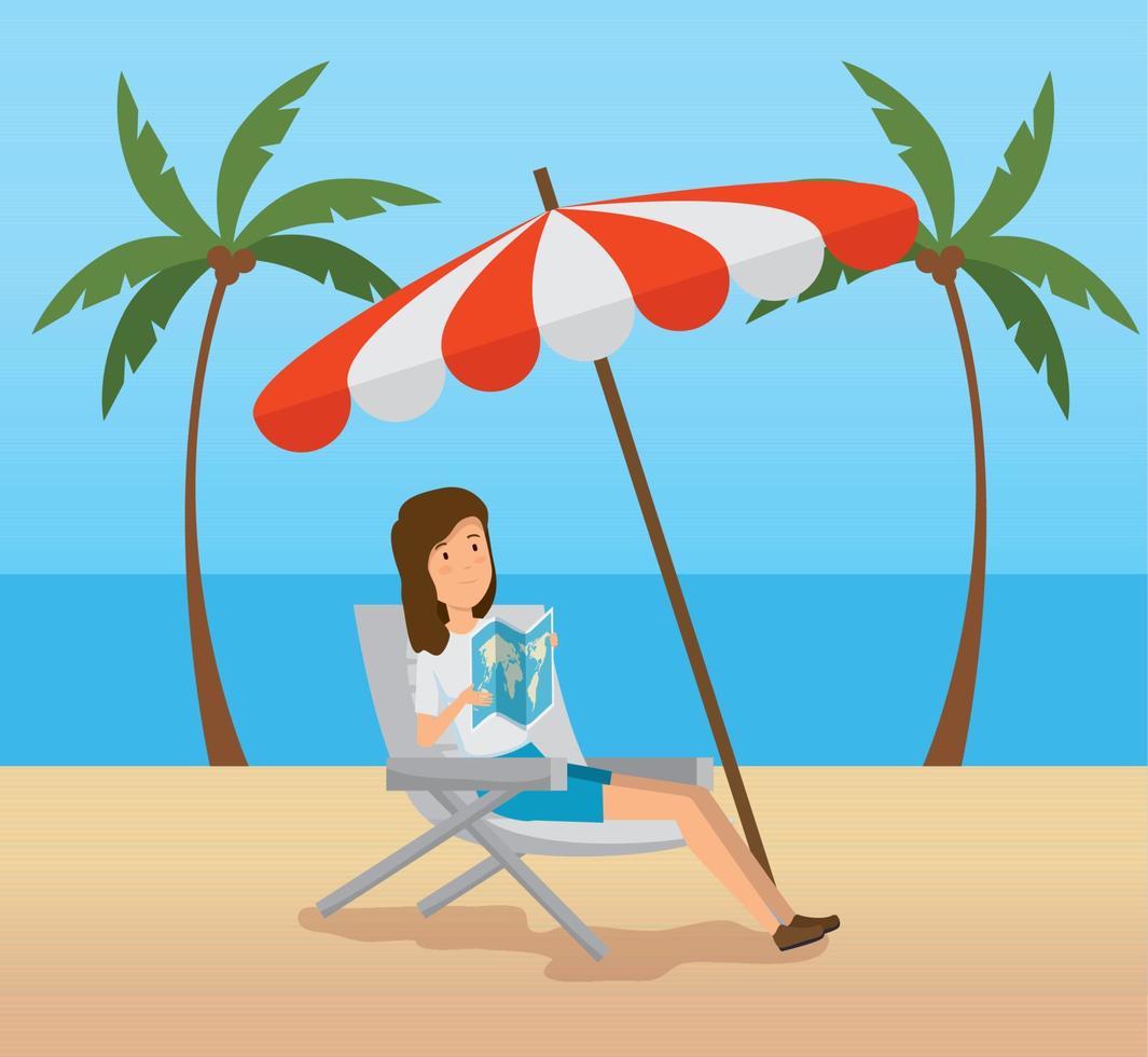 chaise assise femme avec parasol sur la plage vecteur