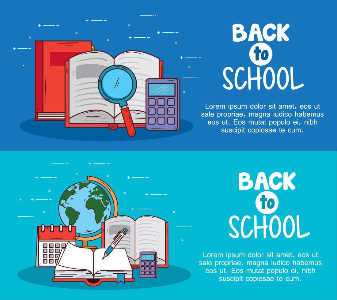 bannières de retour à l'école avec des icônes d'éducation de fournitures vecteur