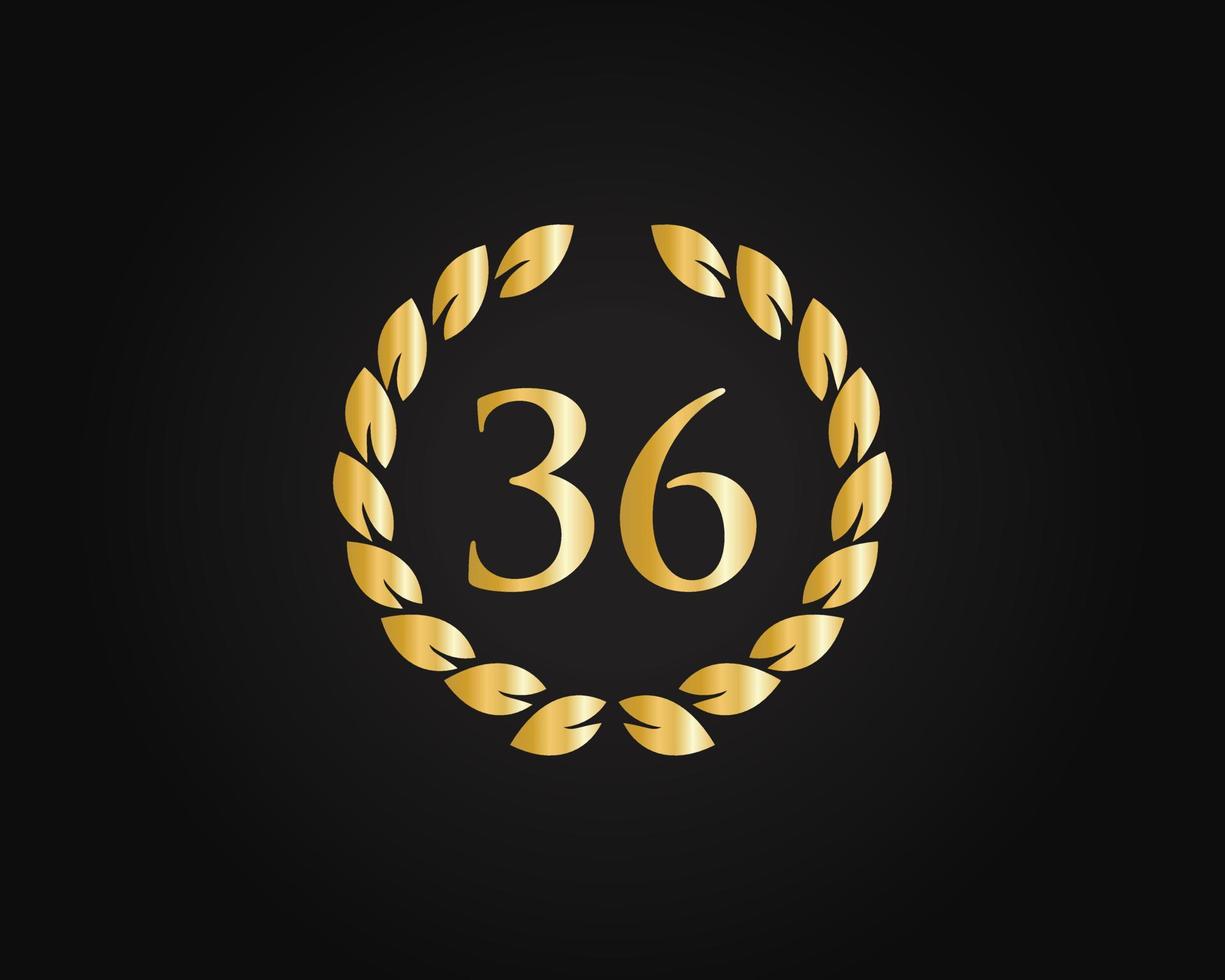 Logo du 36e anniversaire avec anneau doré isolé sur fond noir, pour l'anniversaire, l'anniversaire et la célébration de l'entreprise vecteur