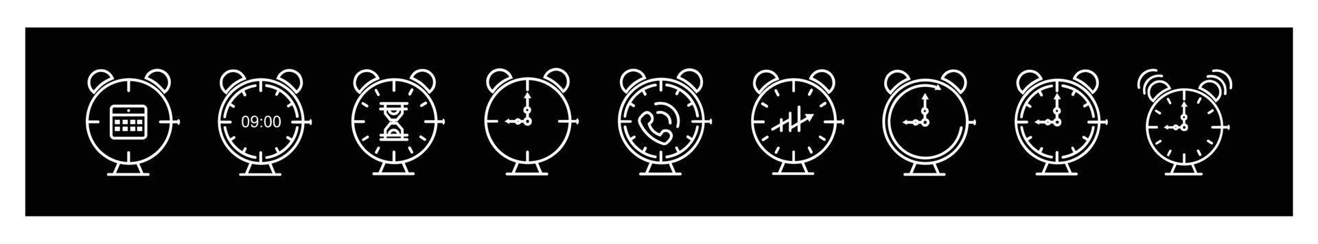 alarme d'icônes de ligne d'horloge et heure de smartwatch horloge de 24 heures pour la conception sur fond noir. vecteur