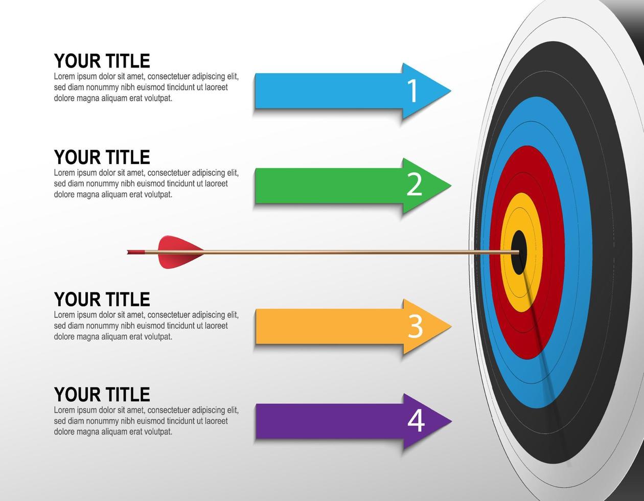 flèche 3d et jeu de fléchettes avec infographie. chronologie de l'étape cible. tableau de données d'entreprise, objectif d'investissement, défi marketing, présentation de la stratégie, diagramme de réalisation. modèle de vecteur d'informations.