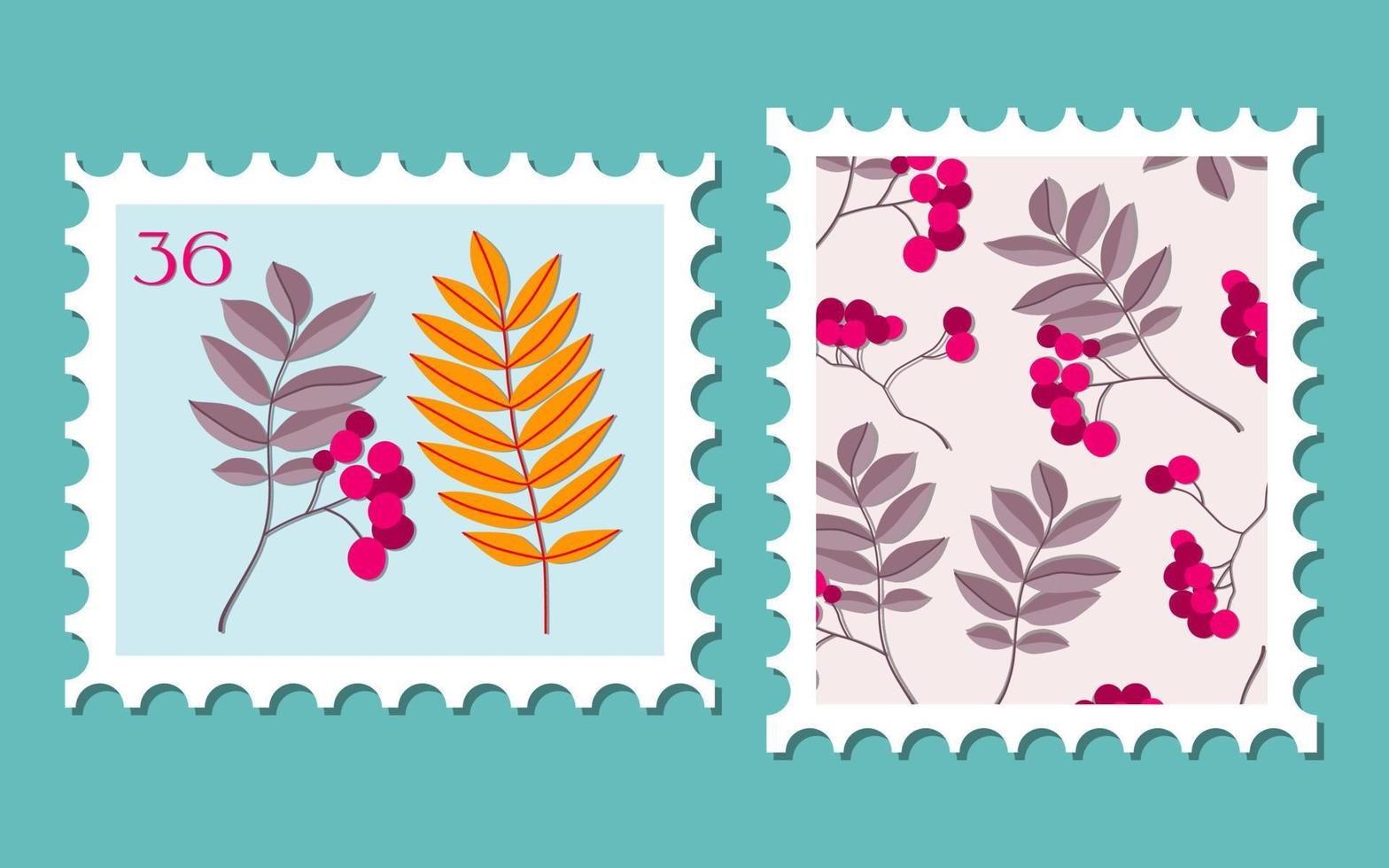 ensemble de deux illustrations de timbres-poste. variété de timbres isolés vectoriels modernes. thème de post concept vintage automne. dessins de feuilles d'automne pour la conception de courrier et de poste. vecteur