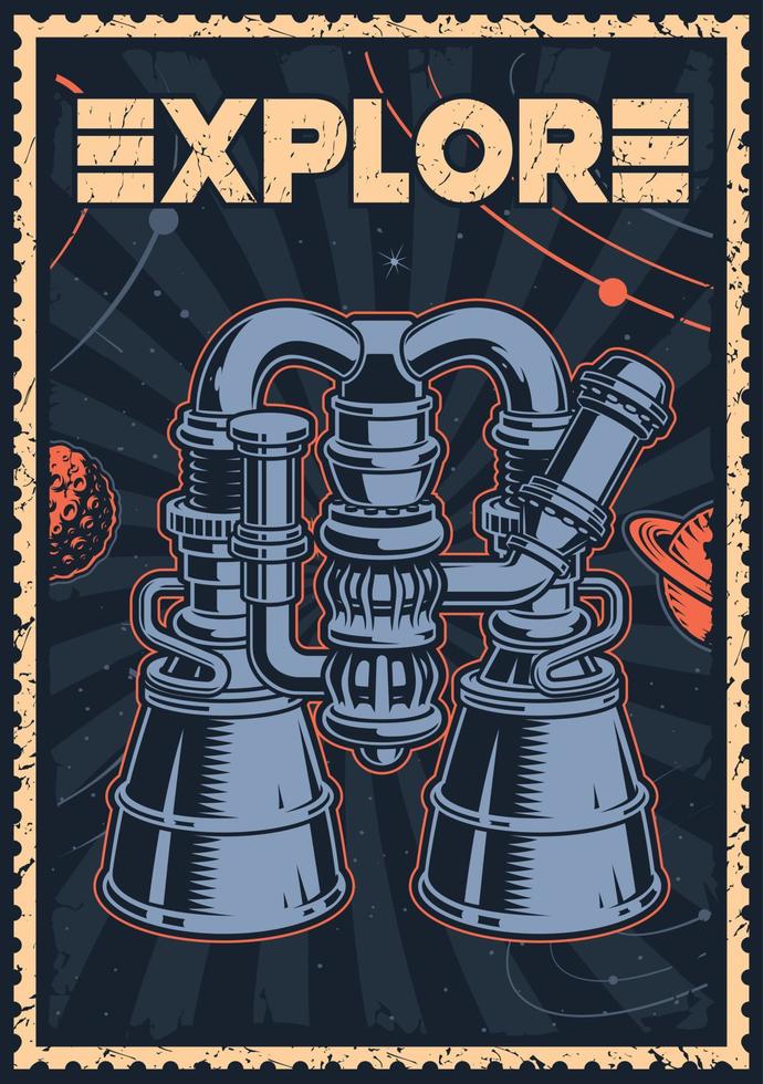 affiche sur le thème de l'espace vintage avec une illustration de moteur de fusée. vecteur