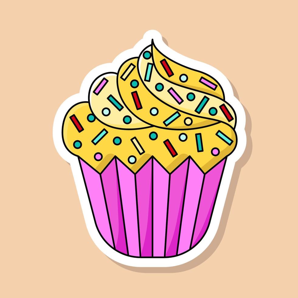 autocollant de cupcake de dessin animé de vecteur. dessert sucré isolé avec des pépites de chocolat colorées vecteur