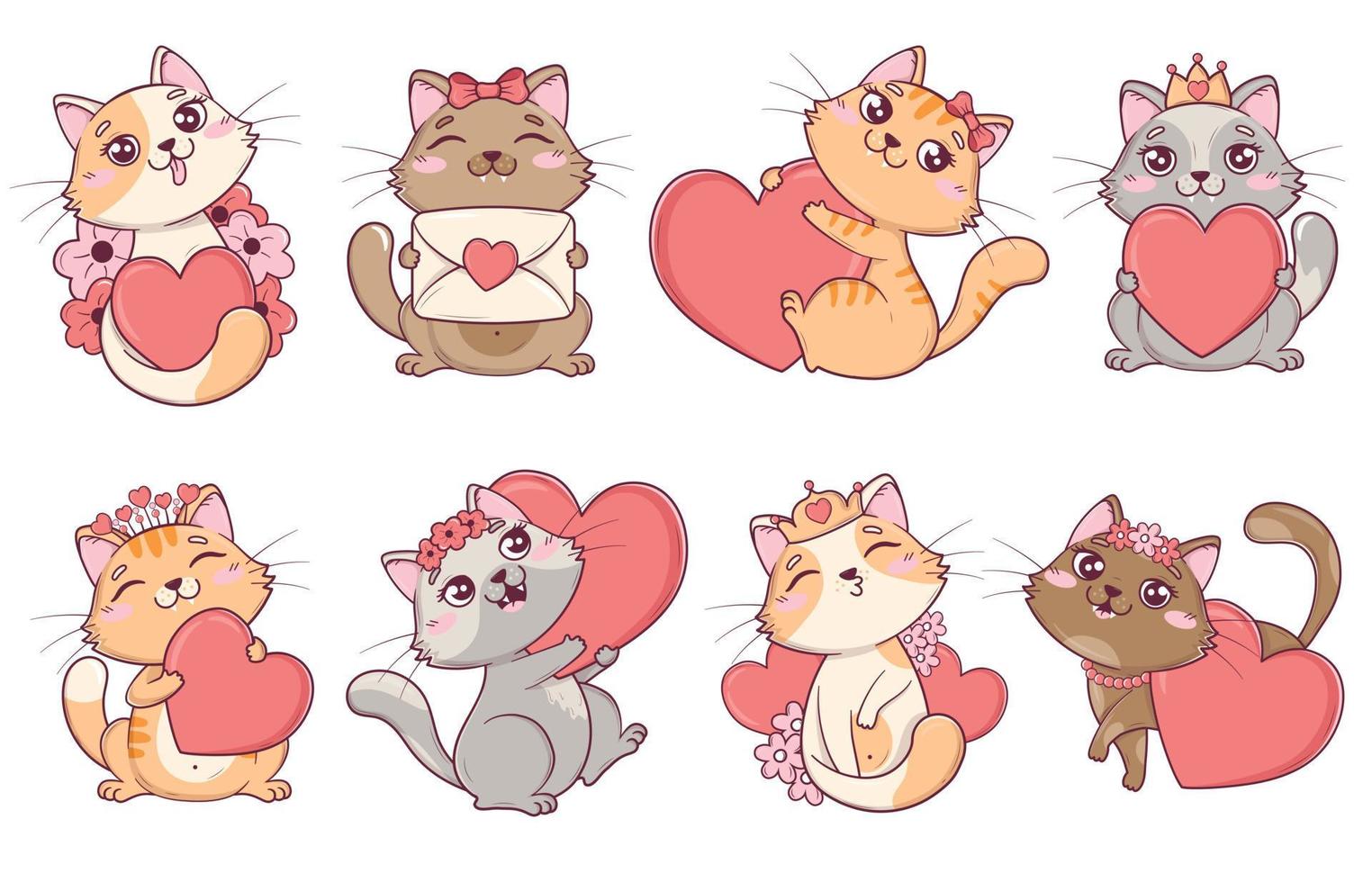 ensemble de chats kawaii mignons de la Saint-Valentin dans différentes poses avec des coeurs et des fleurs vecteur