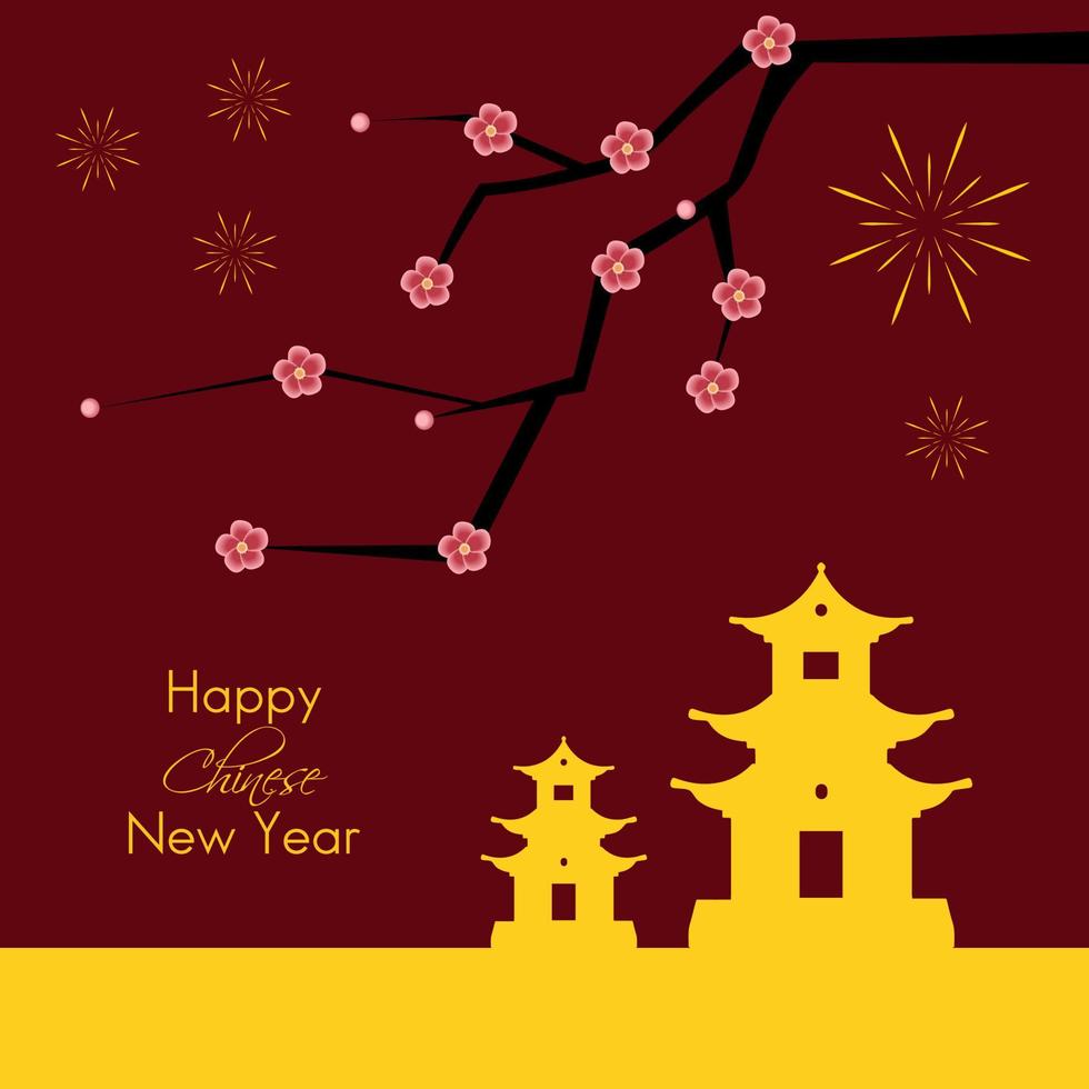 joyeux nouvel an chinois, lanternes, feux d'artifice et maison d'or sur fond de couleur rouge. éléments asiatiques sur fond rouge. vecteur
