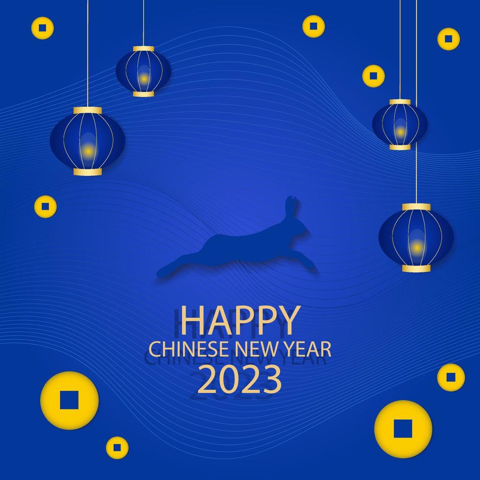 joyeux nouvel an chinois 2023, signe du zodiaque lapin avec lanternes sur fond bleu. éléments asiatiques avec style de coupe de papier de lapin artisanal. vecteur