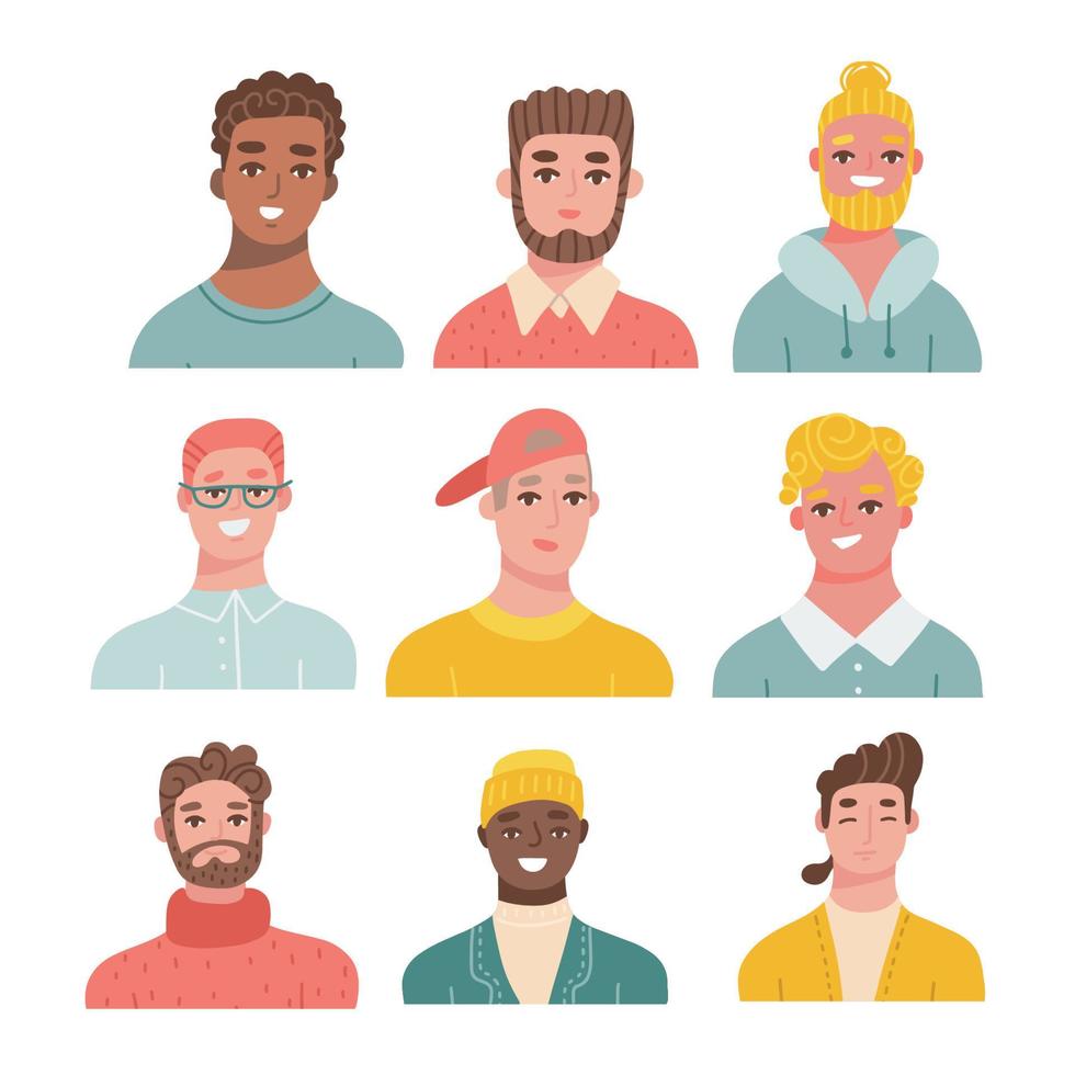 ensemble de portraits de tête de personnes de sexe masculin. divers visages d'hommes d'âge et de race différents. heureux avatars modernes de jeunes et adultes. lot de personnages. illustrations vectorielles plates isolées sur fond blanc vecteur