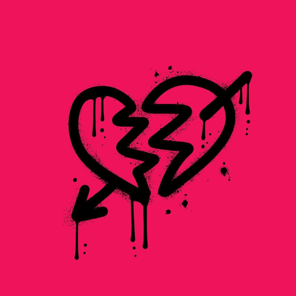icône de coeur brisé graffiti urbain peint à la bombe. illustration vectorielle pulvérisée isolée. pause d'amour graffiti texturée avec surpulvérisation en noir sur magenta. vecteur