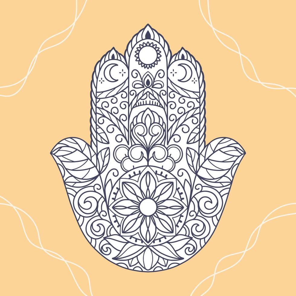 coloriage main de fatima. khamsa, signe oriental sacré, porte-bonheur vecteur