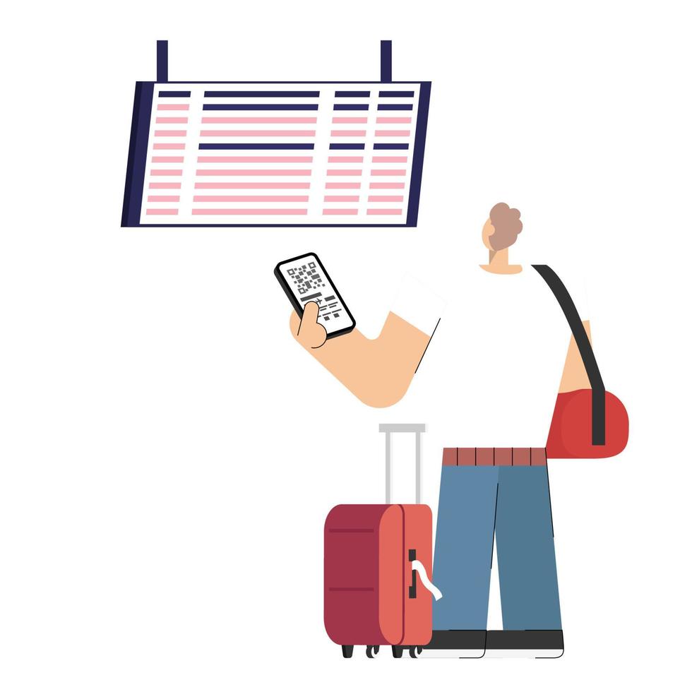 les passagers utilisent un téléphone portable l'heure de départ du vol de contrôle de la carte d'embarquement sur l'écran de l'horaire à l'aéroport avec des bagages prêts pour le départ vecteur