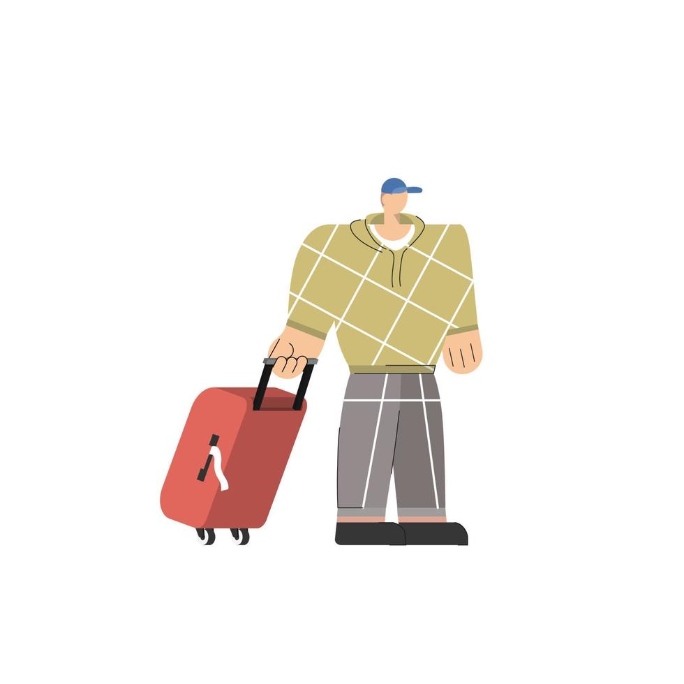homme de personnage de dessin animé avec des bagages en attente pour embarquer dans un avion ou s'enregistrer au terminal de l'aéroport pour des vacances de voyage vecteur