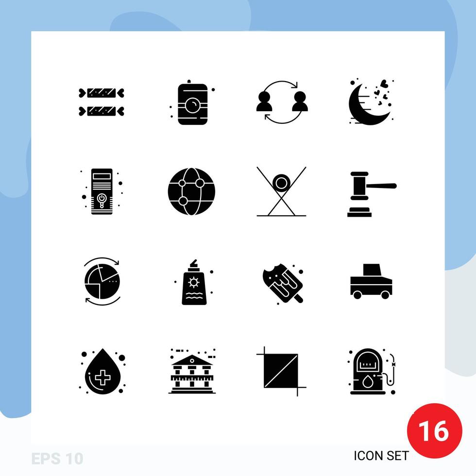 ensemble de pictogrammes de 16 glyphes solides simples d'avatar de lune romantique amour utilisateur éléments de conception vectoriels modifiables vecteur