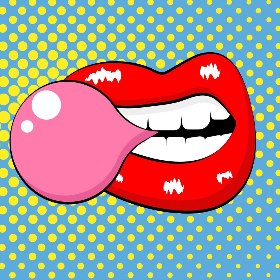 affiche avec des lèvres soufflant du chewing-gum dans un style bande dessinée pop art et un fond de demi-teintes vecteur