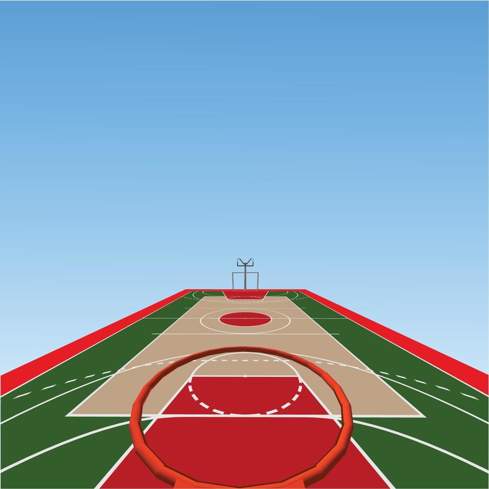 un terrain de basket-ball texturé en bois dur vectoriel réaliste avec basket-ball dans le court central. eps 10. le fichier contient des transparents.