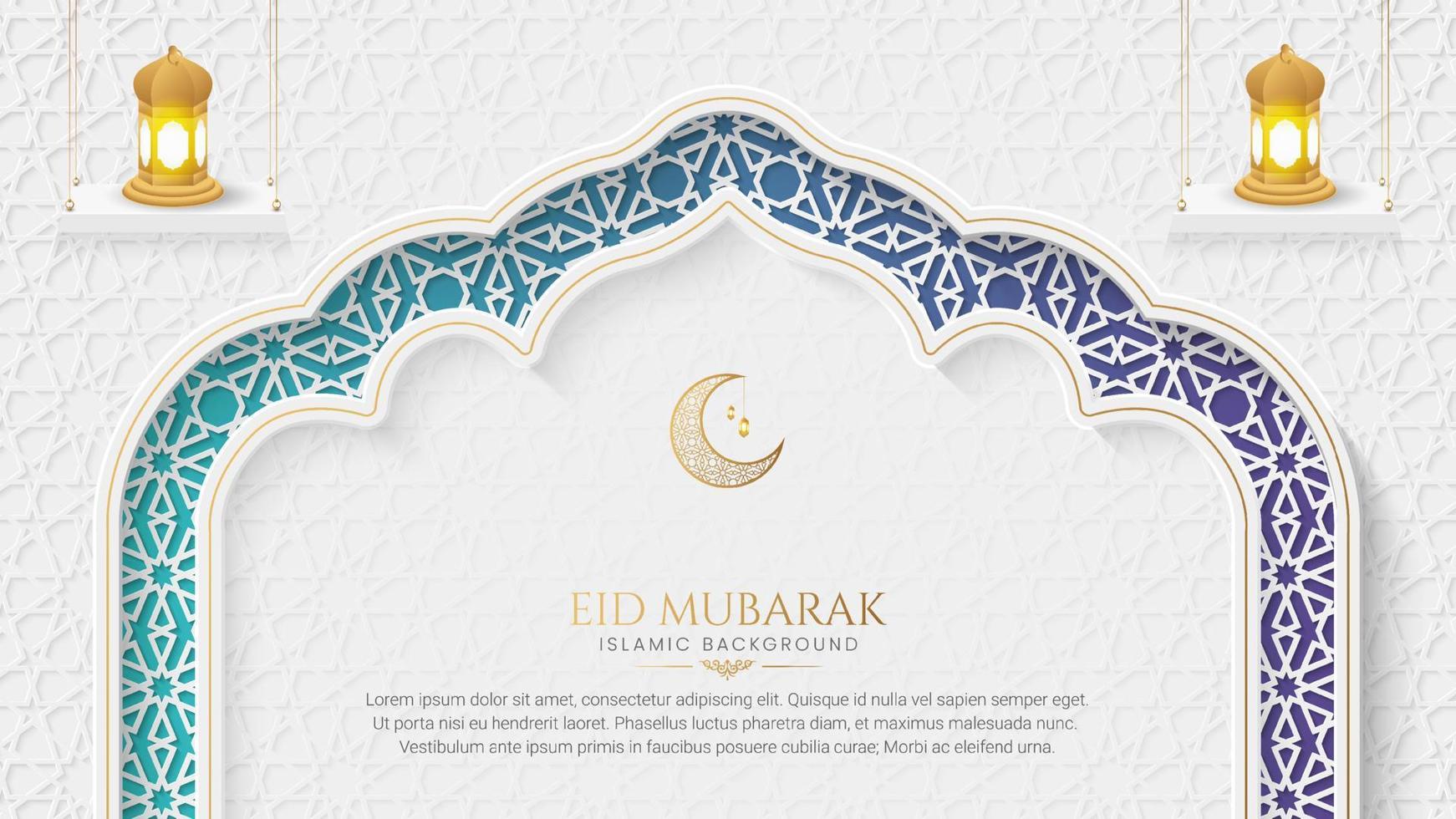 eid mubarak arabe islamique élégant fond ornemental de luxe blanc et doré avec motif arabe et cadre en arc décoratif vecteur