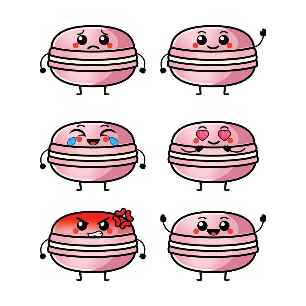 illustration vectorielle de personnages de macarons mignons kawaii. ensemble de caractères. émoticône, mascotte, personnage de macarons, objet isolé. vecteur