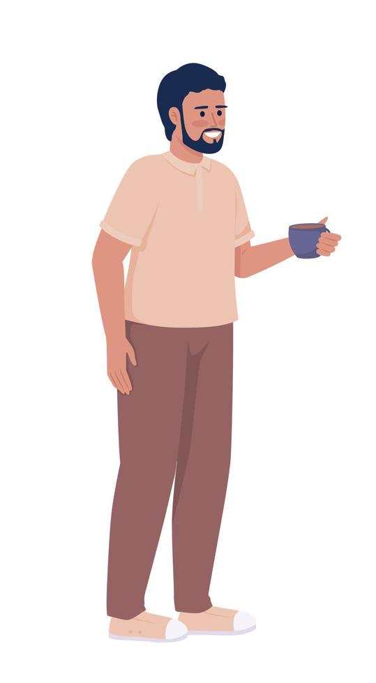 homme souriant avec personnage de vecteur de couleur semi-plat tasse à café. faire une pause. figure modifiable. personne de tout le corps sur blanc. illustration de style dessin animé simple pour la conception graphique et l'animation web