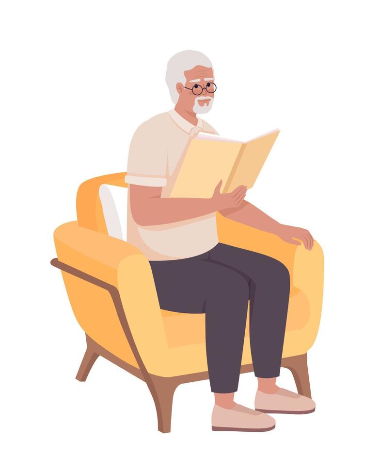 homme senior avec livre assis dans un fauteuil personnage de vecteur de couleur semi-plat. figure modifiable. personne de tout le corps sur blanc. illustration de style dessin animé simple pour la conception graphique et l'animation web