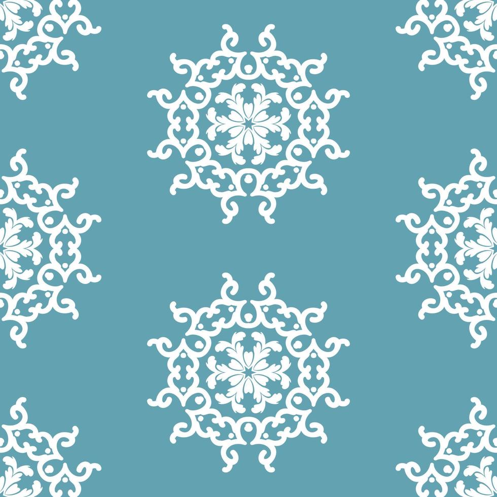 flocons de neige à motifs blancs sur fond bleu. fond d'hiver. ornement circulaire, mandala. modèle sans couture de vecteur. pour tissu, papier peint ou emballage. vecteur