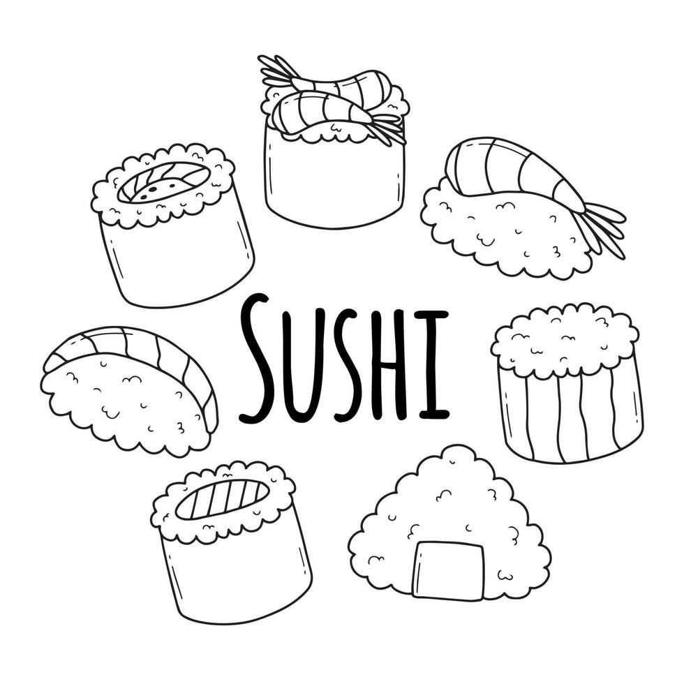 sushi mignon dans un style doodle. illustration vectorielle. nourriture asiatique. sushi saumon, onigiri et sushi crevettes. personnages de sushis. vecteur