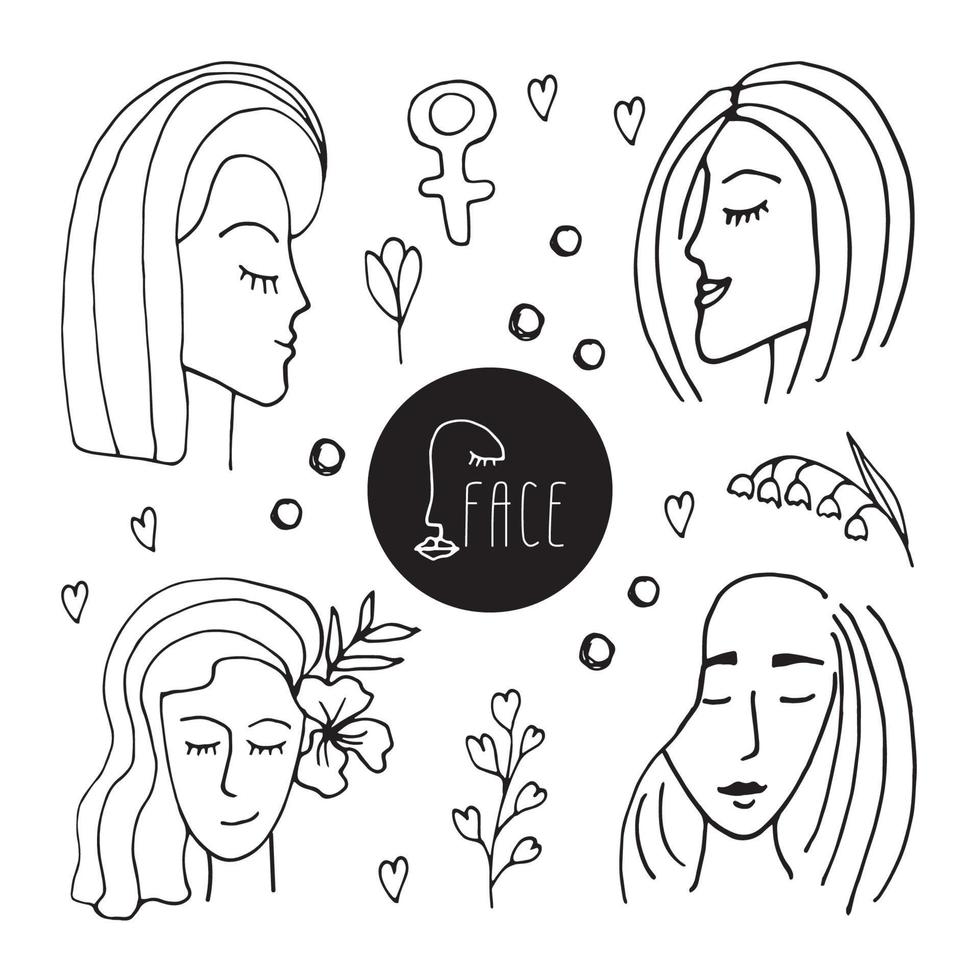 doodle sertie de visages de femmes. journée internationale de la femme. conception de concept de féminisme. illustration vectorielle pour carte, affiche, design moderne. vecteur