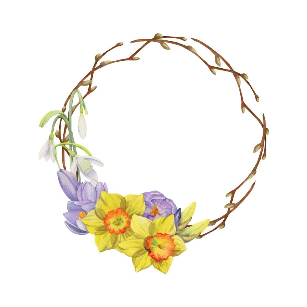 couronne de cercle dessinée à la main à l'aquarelle avec fleurs printanières, jonquilles, crocus, perce-neige, branches isolées sur la conception de fond blanc pour les invitations, mariage, cartes de voeux, papier peint, impression, textile. vecteur