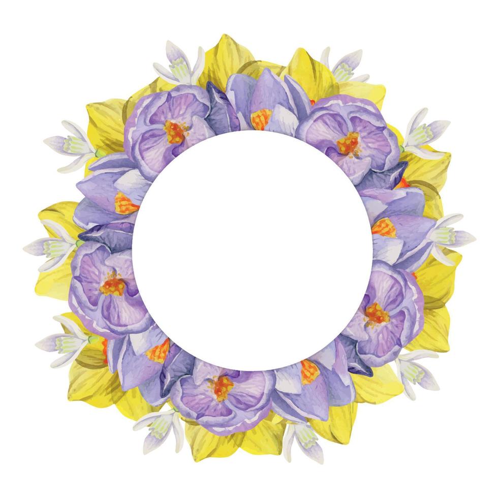 couronne de cercle dessinée à la main à l'aquarelle avec fleurs printanières, jonquilles, crocus, perce-neige, feuilles. isolé sur fond blanc. conception pour les invitations, mariage, cartes de voeux, papier peint, impression, textile. vecteur