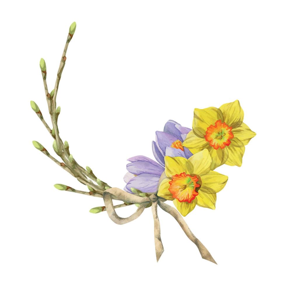 couronne de cercle dessinée à la main à l'aquarelle avec fleurs printanières, jonquilles, crocus, perce-neige, branches isolées sur la conception de fond blanc pour les invitations, mariage, cartes de voeux, papier peint, impression, textile. vecteur