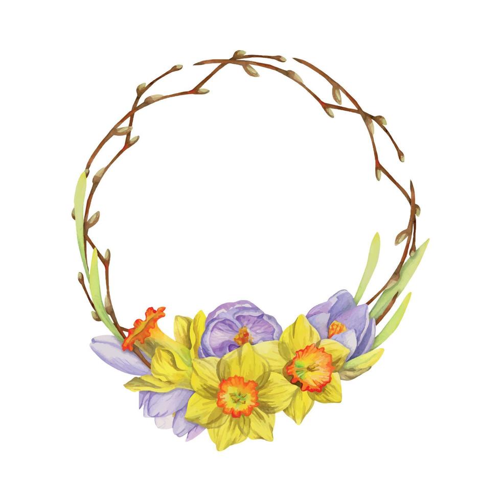 couronne de cercle dessinée à la main à l'aquarelle avec fleurs printanières, jonquilles, crocus, perce-neige, branches isolées sur la conception de fond blanc pour les invitations, mariage, cartes de voeux, papier peint, impression, textile. vecteur