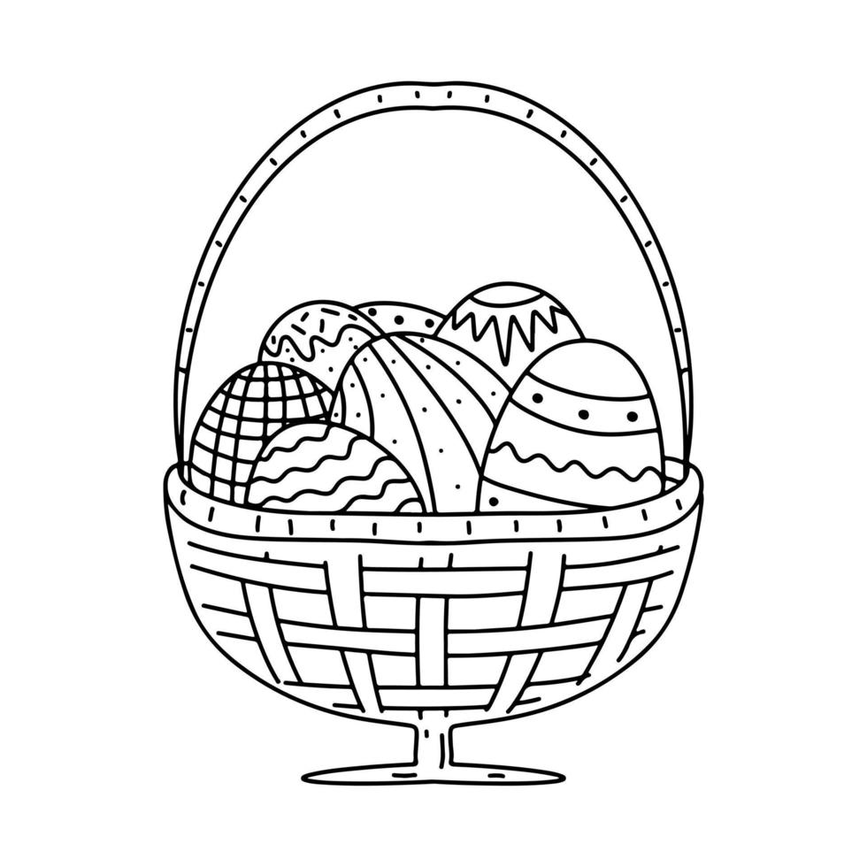 joyeux oeufs de pâques dans le panier dans un style doodle dessiné à la main. illustration vectorielle isolée sur fond blanc. vecteur