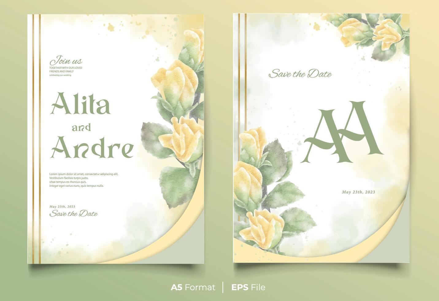 modèle d'invitation de mariage aquarelle avec ornement fleur jaune et vert vecteur