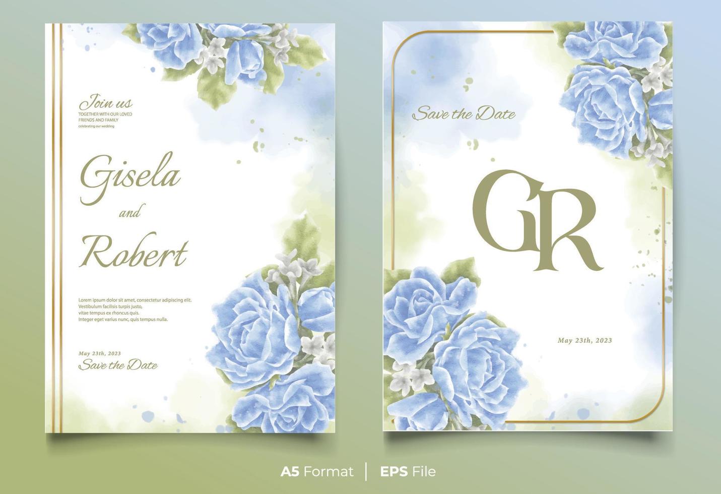 modèle d'invitation de mariage aquarelle avec ornement de fleurs bleues et vertes vecteur