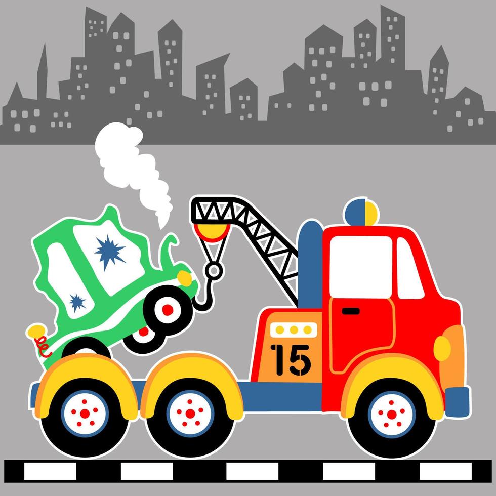 camion remorquer une voiture accidentée sur fond de bâtiments, illustration vectorielle de dessin animé vecteur