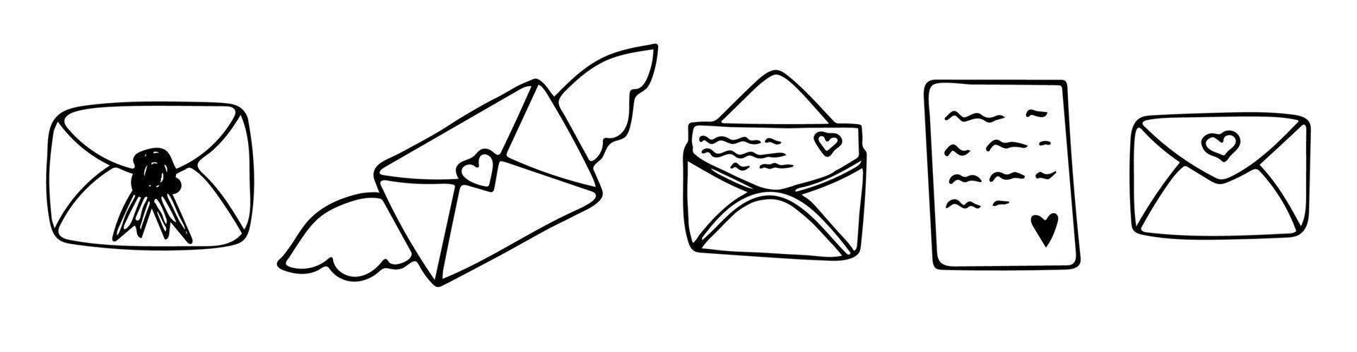 doodle dessiné à la main serti d'enveloppes et de lettres. enveloppe avec carte postale. lettre avec des ailes. enveloppe avec cachet de cire. cœurs. cliparts d'amour de vecteur. contour. vecteur