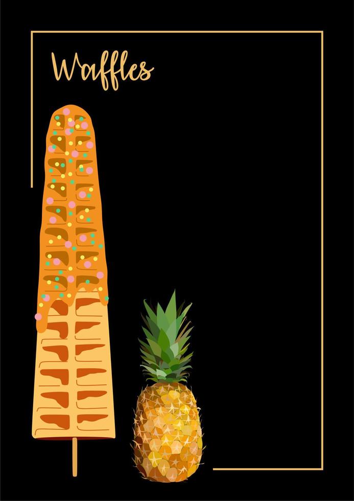 aliments sucrés et desserts, illustration vectorielle de chien de maïs maison brun doré ou gaufre de hot-dog sur un bâton dans diverses décorations de saveurs et chocolat à l'ananas. carte. menu. espace vide pour le texte vecteur