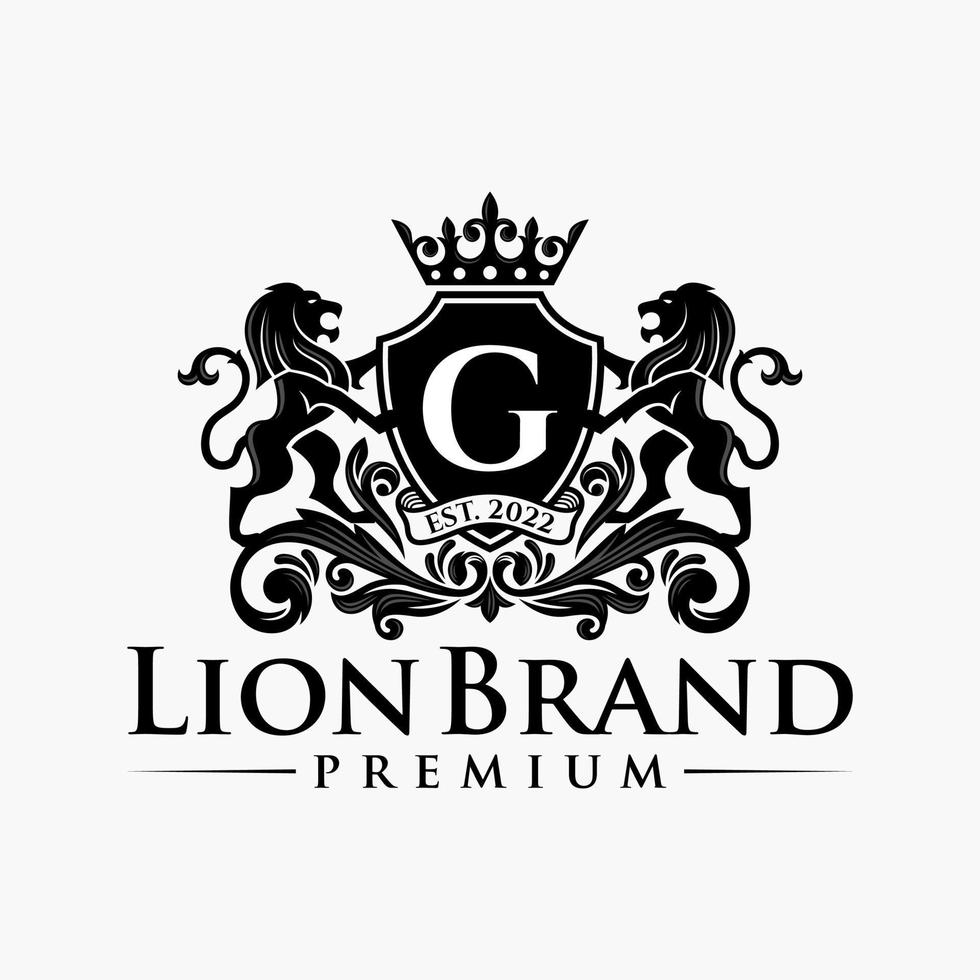 logo héraldique de crête de lion de luxe. élégante icône de bouclier héraldique en or. emblème d'identité de marque premium. symbole de l'étiquette de la société des armoiries royales. illustration vectorielle moderne. vecteur