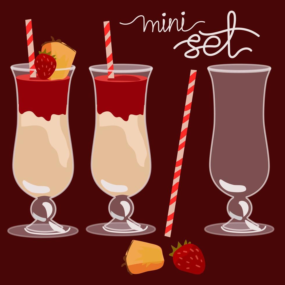 un ensemble de plusieurs cocktails de la saint-valentin avec des fraises et de l'ananas. un verre en verre avec une paille. illustration pour une fête. illustration vectorielle. adapté à l'impression de bannières vecteur