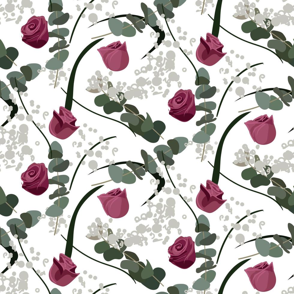un motif de boutons de rose avec des brindilles d'eucalyptus vertes et des feuilles décoratives sur fond blanc. arrière-plan délicat pour l'impression sur papier et textile. impression pour emballage, cartes de vœux vecteur