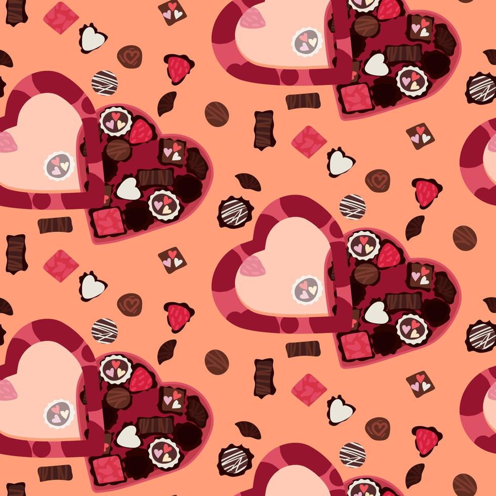 un motif avec une boîte de chocolats en forme de coeur pour la saint valentin. bonbons sur fond rose. impression sur textiles et papier pour les vacances. fête des mères, anniversaire. emballage cadeau vecteur