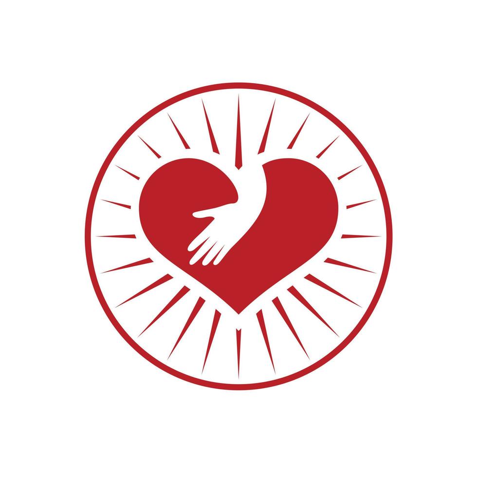 coeur d'amour avec soin des mains avec logo sunburst vecteur