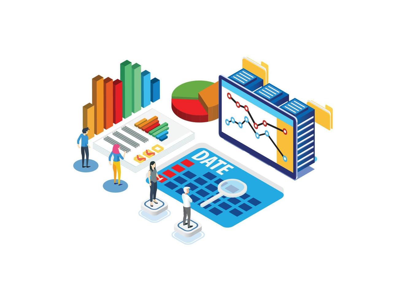 illustration d'analyse de données isométrique moderne, bannières Web, adaptée aux diagrammes, infographies, illustration de livre, ressource de jeu et autres ressources graphiques vecteur