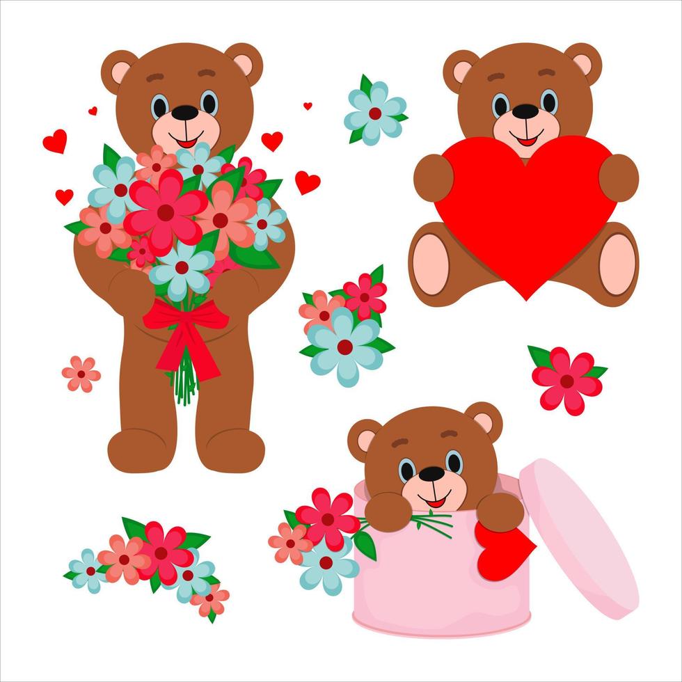 illustration vectorielle. collection d'ours en peluche mignons avec des fleurs et des coeurs. cadeau saint valentin vecteur