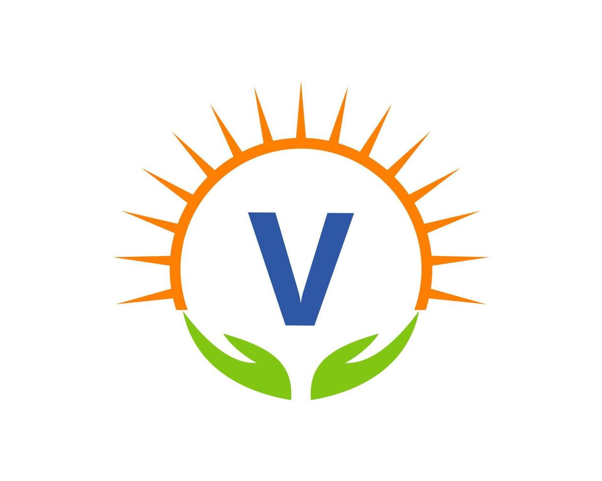 logo de charité avec concept de lettre main, soleil et v. charité logo modèle don organisation logotype vecteur