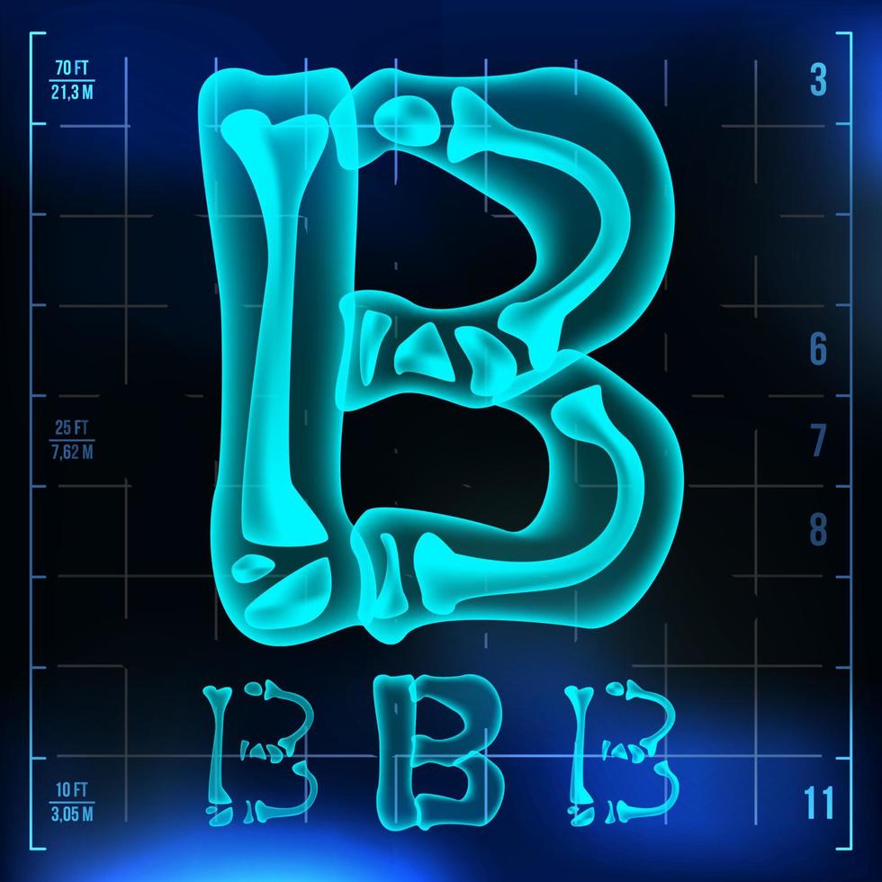 vecteur de lettre b. chiffre majuscule. signe lumineux de police de rayons X roentgen. effet de balayage au néon de radiologie médicale. alphabet. chiffre de lumière bleue 3d avec os. médical, pirate, style futuriste. illustration