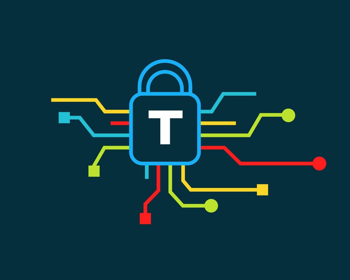 lettre t logo de cybersécurité. cyber protection, technologie, biotechnologie et haute technologie vecteur