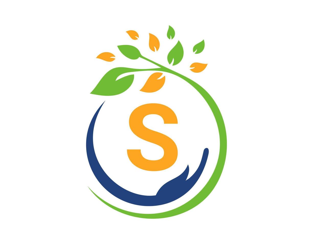 logo de charité lettre s avec main, feuille et concept. logotype de fondation pour le soin des mains vecteur