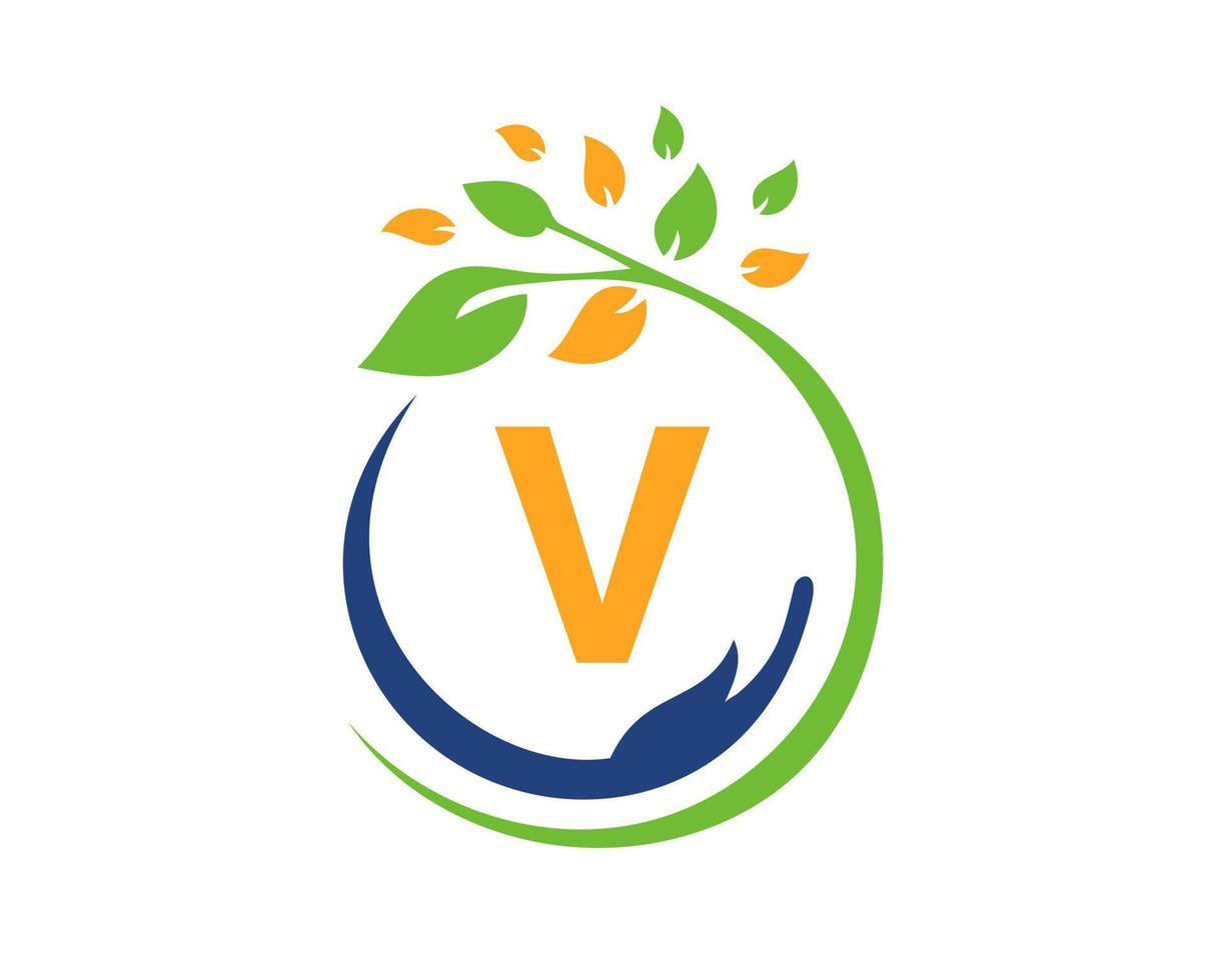 logo de charité lettre v avec main, feuille et concept. logotype de la fondation pour le soin des mains vecteur