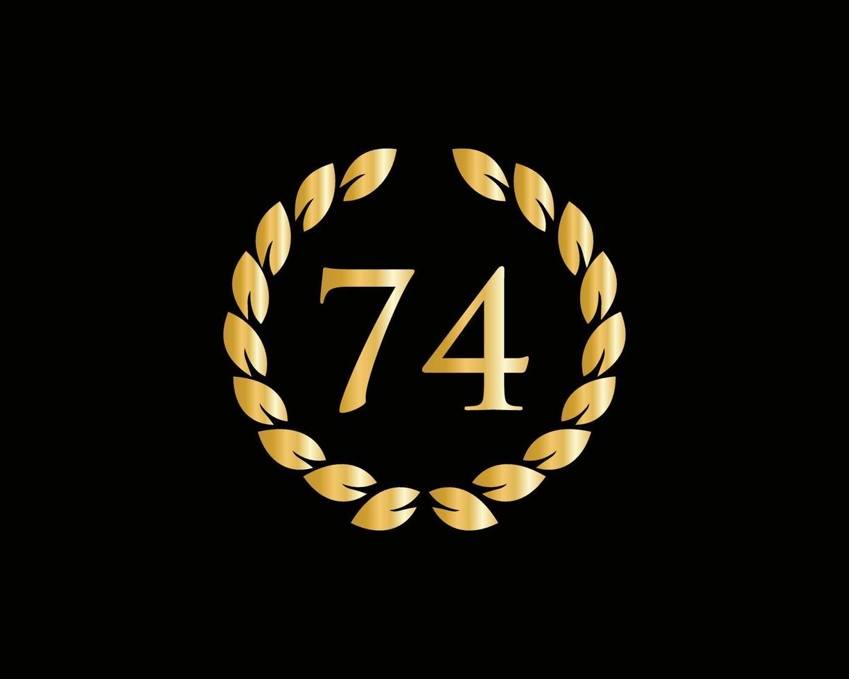 Logo du 74e anniversaire avec anneau doré isolé sur fond noir, pour l'anniversaire, l'anniversaire et la célébration de l'entreprise vecteur