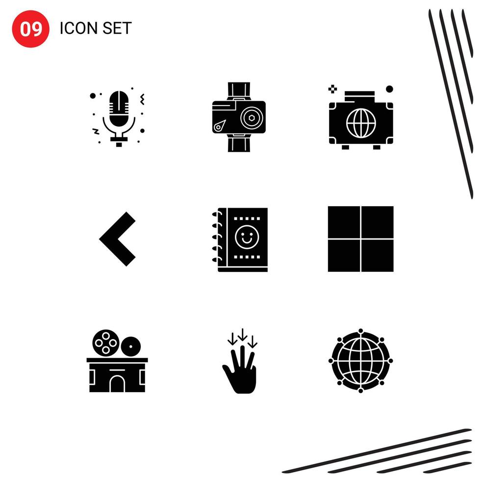 9 concept de glyphe solide pour les sites Web mobiles et les applications bloc-notes arrière photo flèche éléments de conception vectoriels modifiables internationaux vecteur